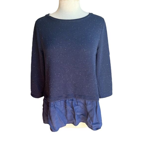 Loft Medium Blue Tunic Ruffled Tiered Ribbed Long Sleeved Top Blouse Sweater - Picture 2 of 11